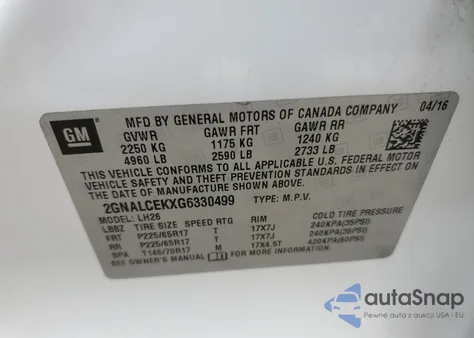 2016 Chevrolet Equinox Lt from USA, damaged, VIN 2GNALCEKXG6330499